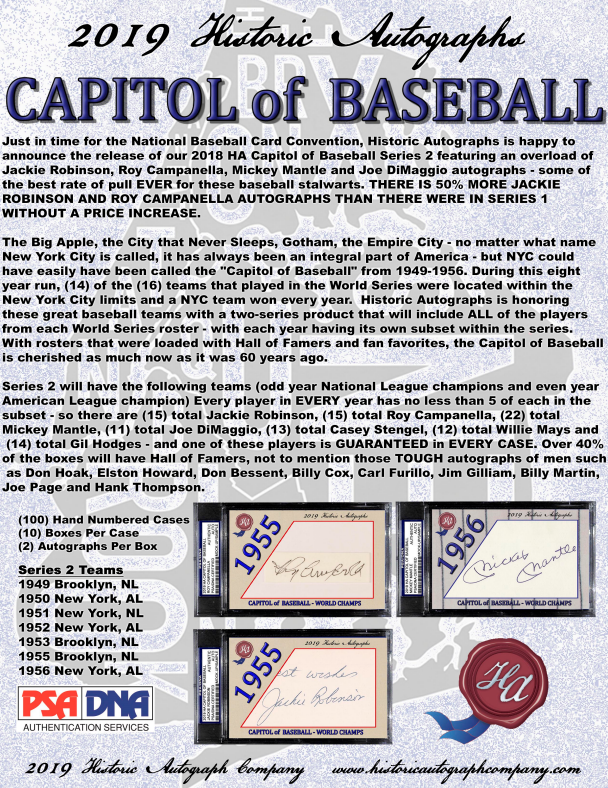 2019 Historic Autographs Capitol of Baseball Series 2 Baseball 10-Box Case