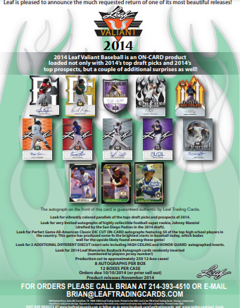 2014 Leaf Valiant Baseball Hobby 12-Box Case