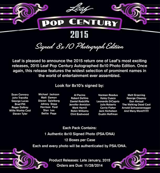 2015 Leaf Pop Century Signed 8x10 Photograph Ed 12-Box Case