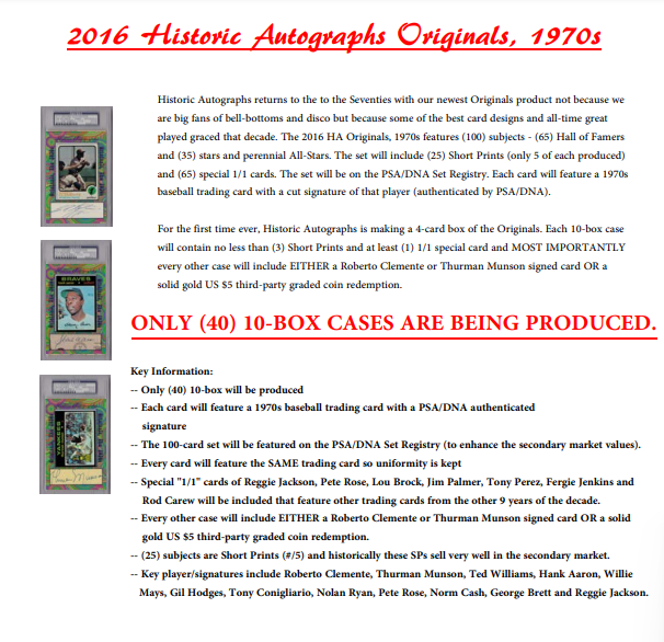 2016 Historic Autographs Originals (1970s) Baseball Box
