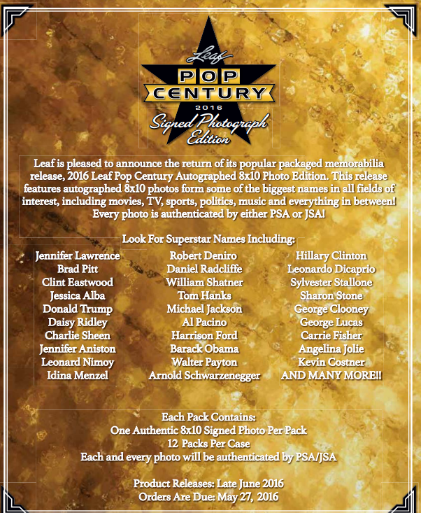 2016 Leaf Pop Century Signed 8x10 Photograph Ed 12-Box Case