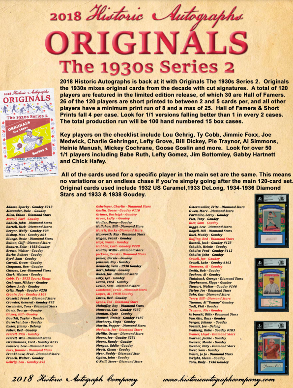 2018 Historic Autographs Originals The 1930s Series 2 Baseball 15-Box Case