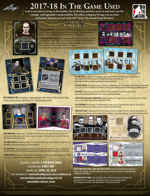 2018 Leaf In The Game (ITG) Game Used Hockey 10-Box Case