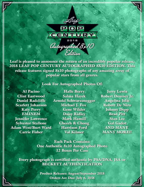 2018 Leaf Pop Century Autographed 8x10 Edition Hobby 12-Box Case