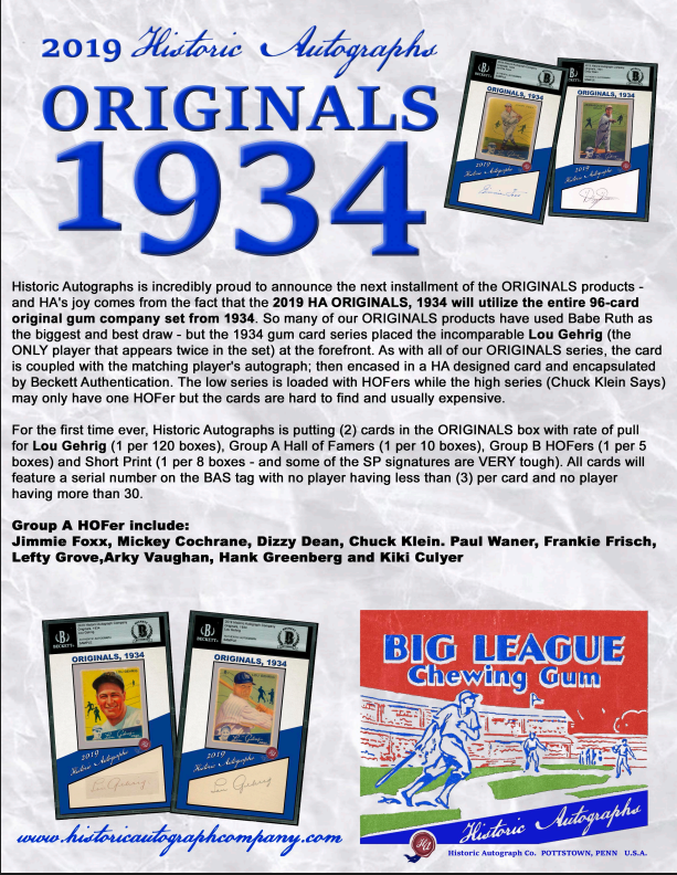 2019 Historic Autographs Originals 1934 Baseball Box