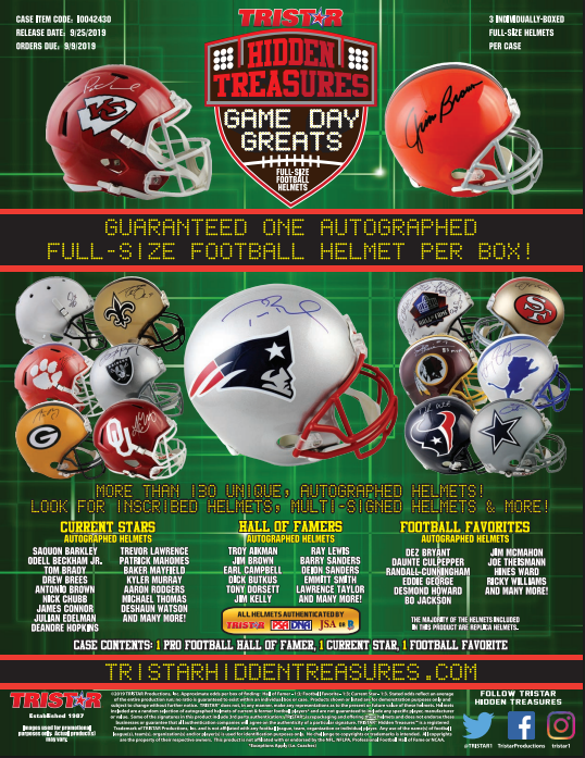 2019 Tristar Hidden Treasures Game Day Greats Full-Size Helmet Football 3-Box Case