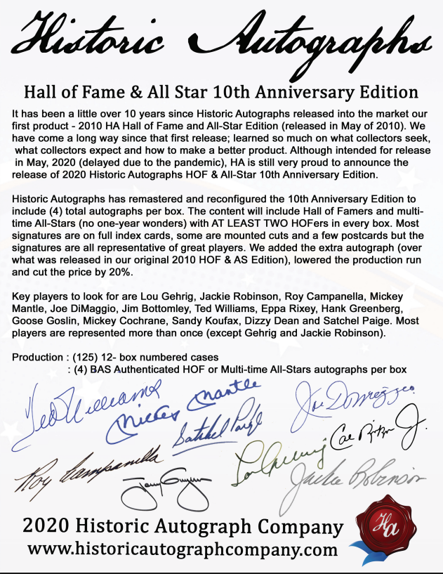 2020 Historic Autographs Hall of Fame & All-Star 10th Anniversary Edition Baseball 12-Box Case