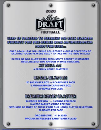 2020 Leaf Draft Football Blaster 20-Box Case