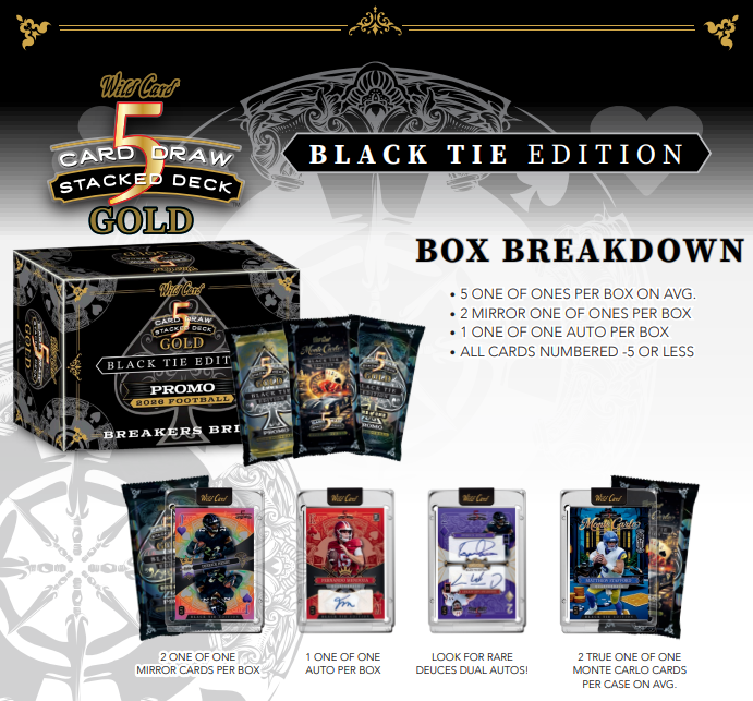 2026 Wild Card Five Card Draw Stacked Deck Gold Football Black Tie Edition Breaker's Brick Box
